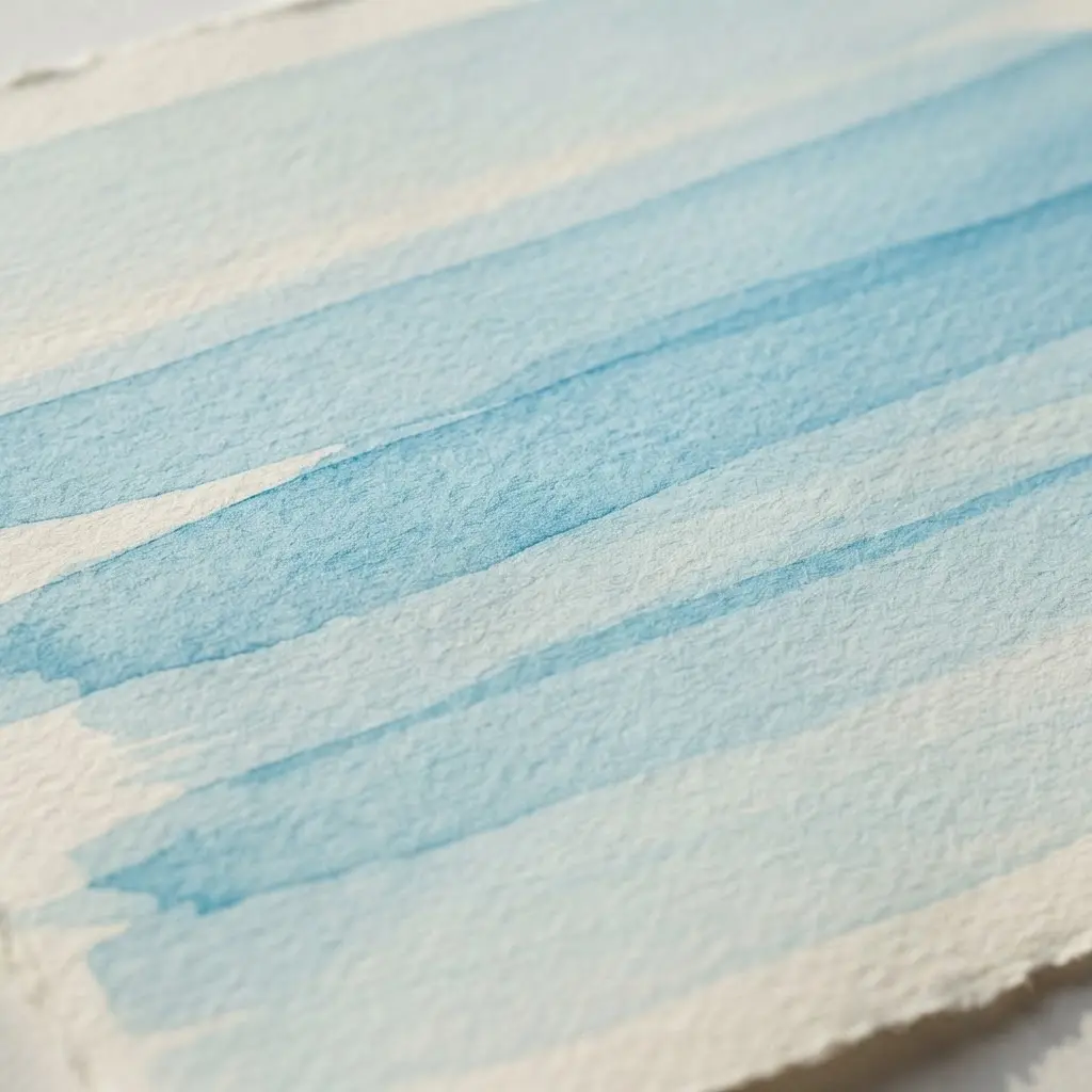 A clear jar and brush sit beside transparent pale blue acrylic washes layered across white paper.