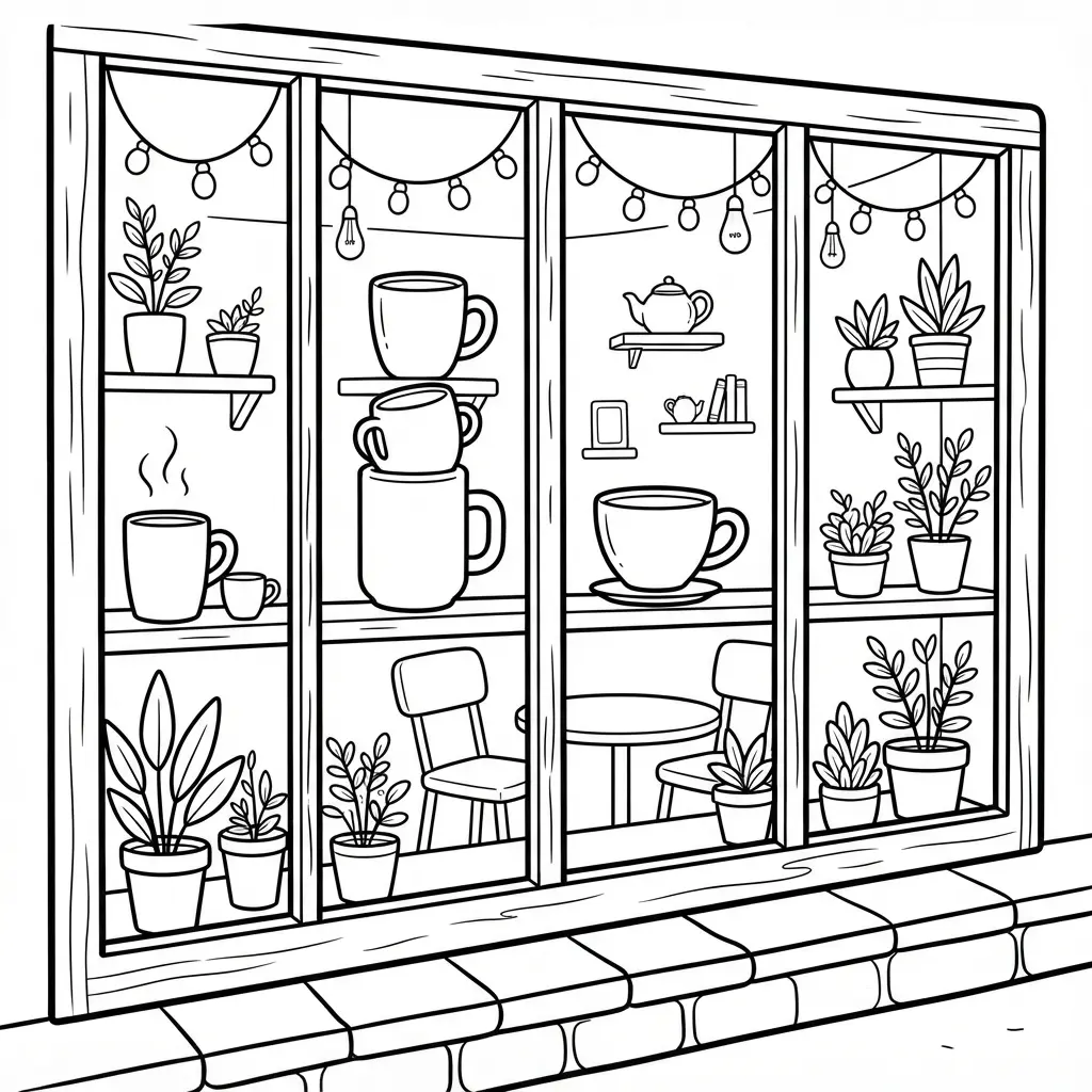 A cozy coffee shop window shows mugs, chairs, plants, and hanging lights in an adult coloring page.