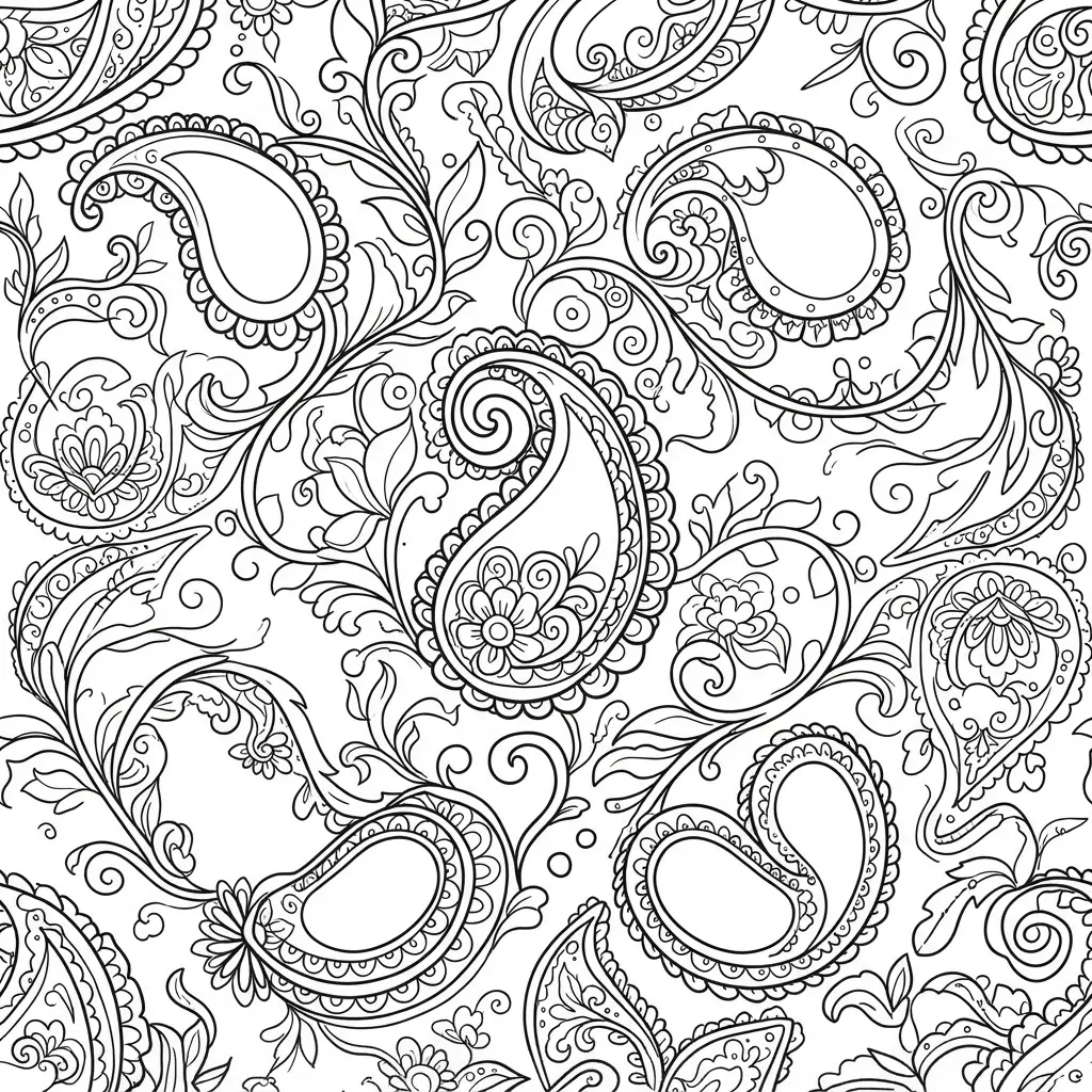 Paisley shapes with curls, leaves, and dots create a fabric pattern for adult coloring pages.