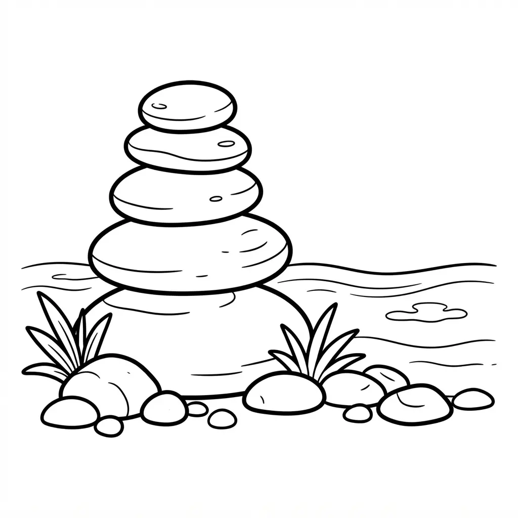 Balanced stones sit beside calm water, grasses, and small pebbles in an adult coloring page.