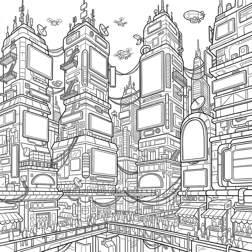 Tall city buildings, signs, cables, and windows form a cyberpunk neon outline scene.