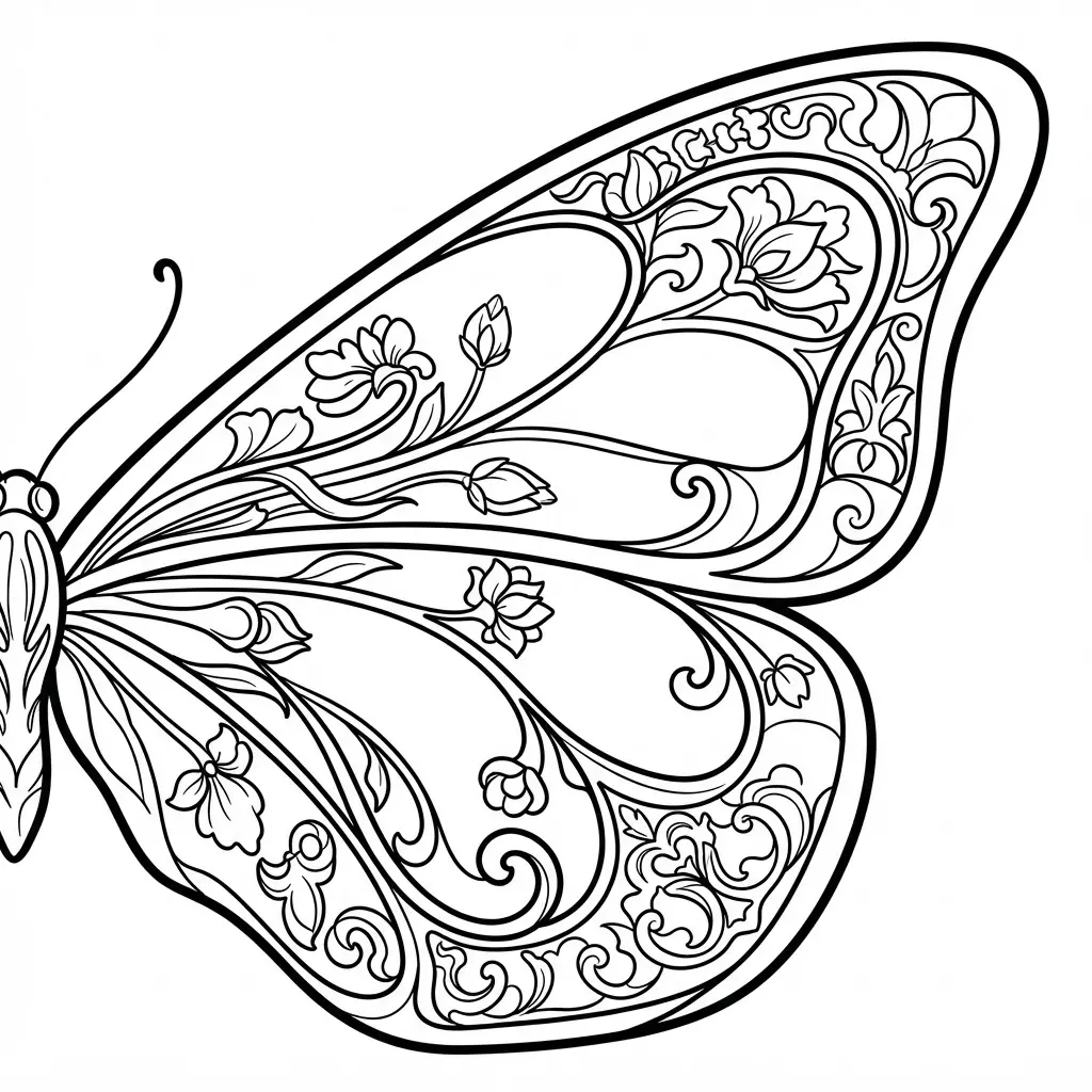 A butterfly wing displays flowing Art Nouveau lines, flowers, and repeated decorative sections.