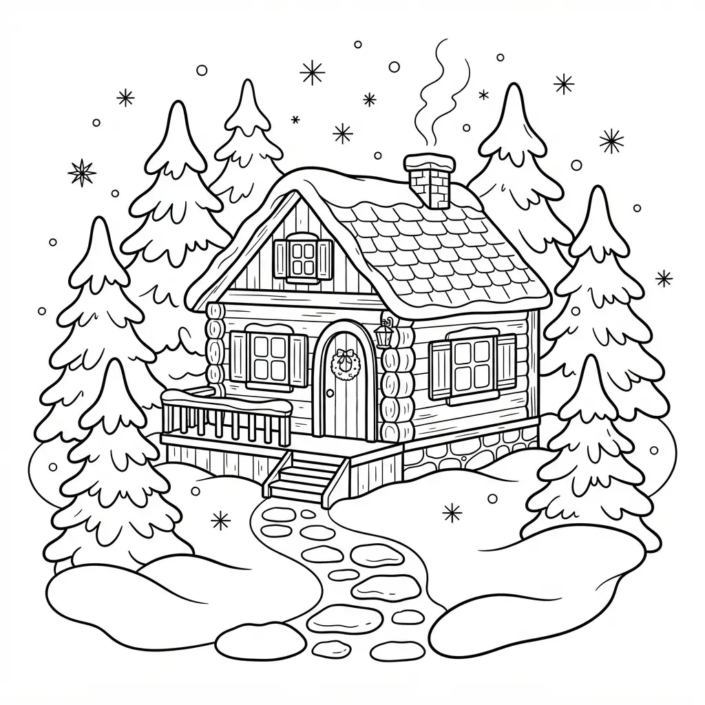 A small cabin sits among snowy trees while flakes fall across a calm winter scene.