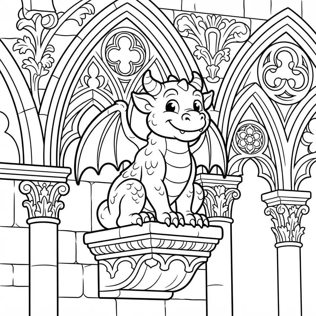 A stone gargoyle appears beside Gothic arches, carved lines, and pointed architectural details.