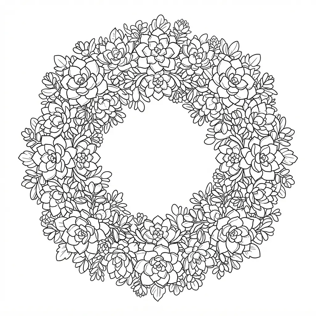 Succulent leaves form a circular wreath with repeated shapes and delicate inner lines.