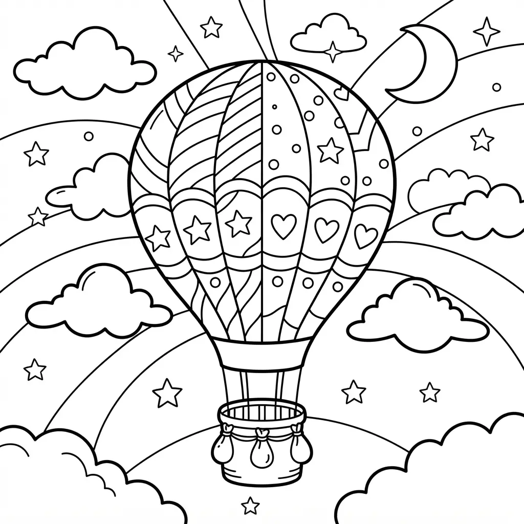 A hot air balloon floats among clouds, stars, and curved sky lines in a dreamy scene.
