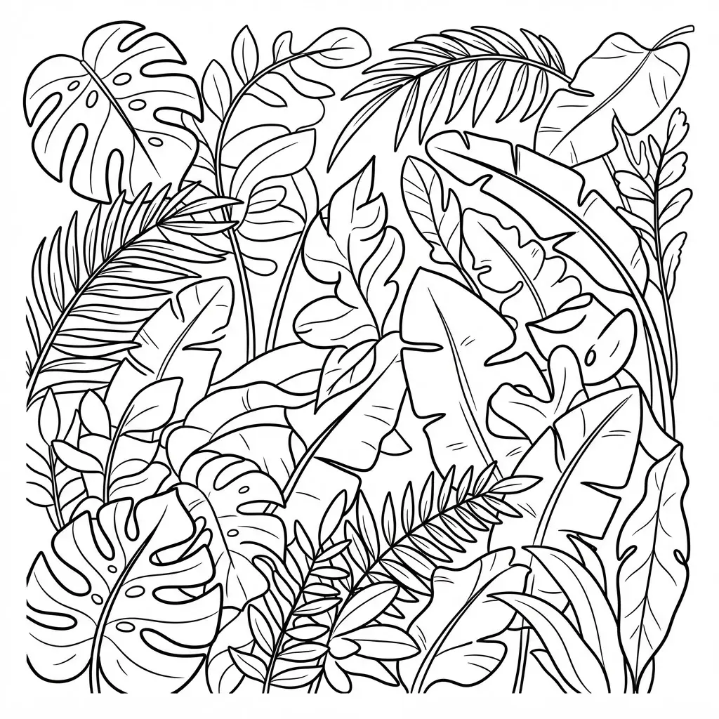 Large tropical leaves overlap across a botanical page with clean outlines for adult coloring pages.