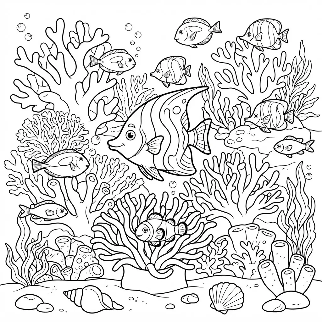 Fish swim around coral branches, sea plants, and shells in a deep sea adult coloring page.