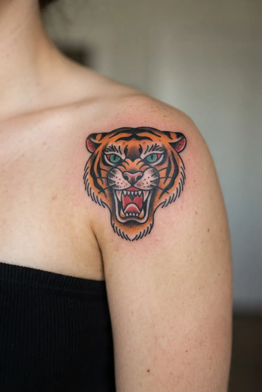 Traditional tiger head shoulder tattoo showing orange stripes, white teeth, green eyes, and bold outlines.