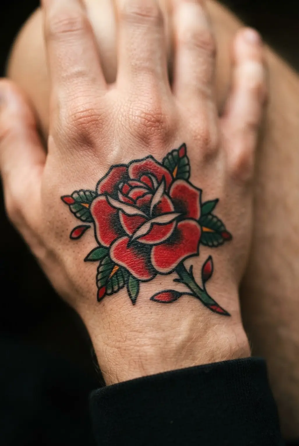 Red rose hand tattoo with green leaves, black outlines, and flat color blocks on the hand.