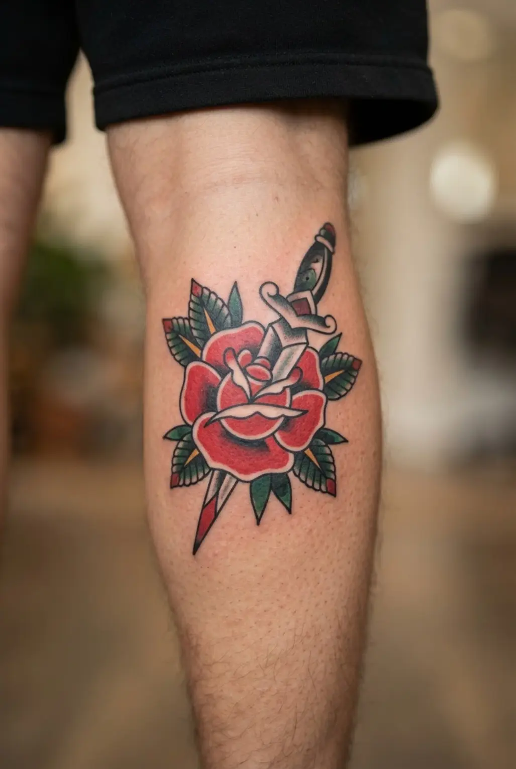 Red rose crossed by a silver dagger on the calf, with green leaves and thick black borders.
