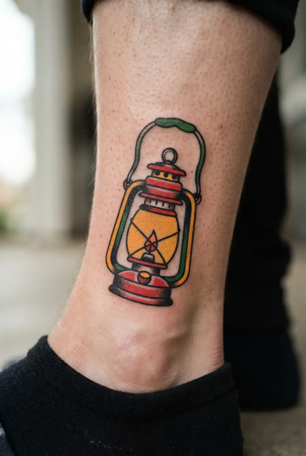 Traditional lantern leg tattoo with yellow glass panels, red frame, green handle, and black outlines.
