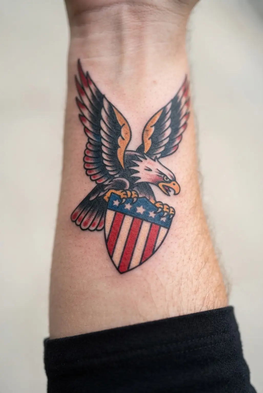 Eagle gripping a shield on the arm, with red, white, and blue sections and bold black outlines.