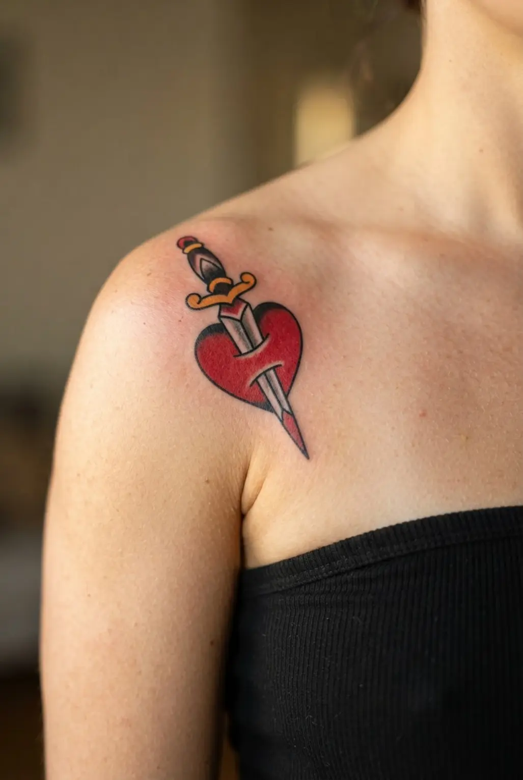 Dagger piercing a red heart on the shoulder, surrounded by black outlines and small golden details.
