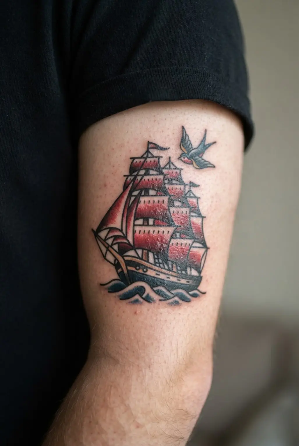 Sailing ship bicep tattoo with three masts, blue waves, red sails, and thick black outlines.