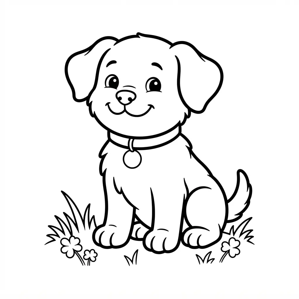 Animal coloring pages featuring a cute puppy sitting on grass in clean black-and-white line art.