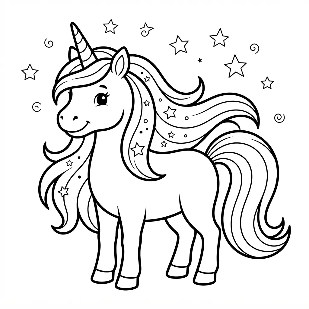 Animal coloring pages showing a magical unicorn with a flowing mane, horn, stars, and open coloring spaces.