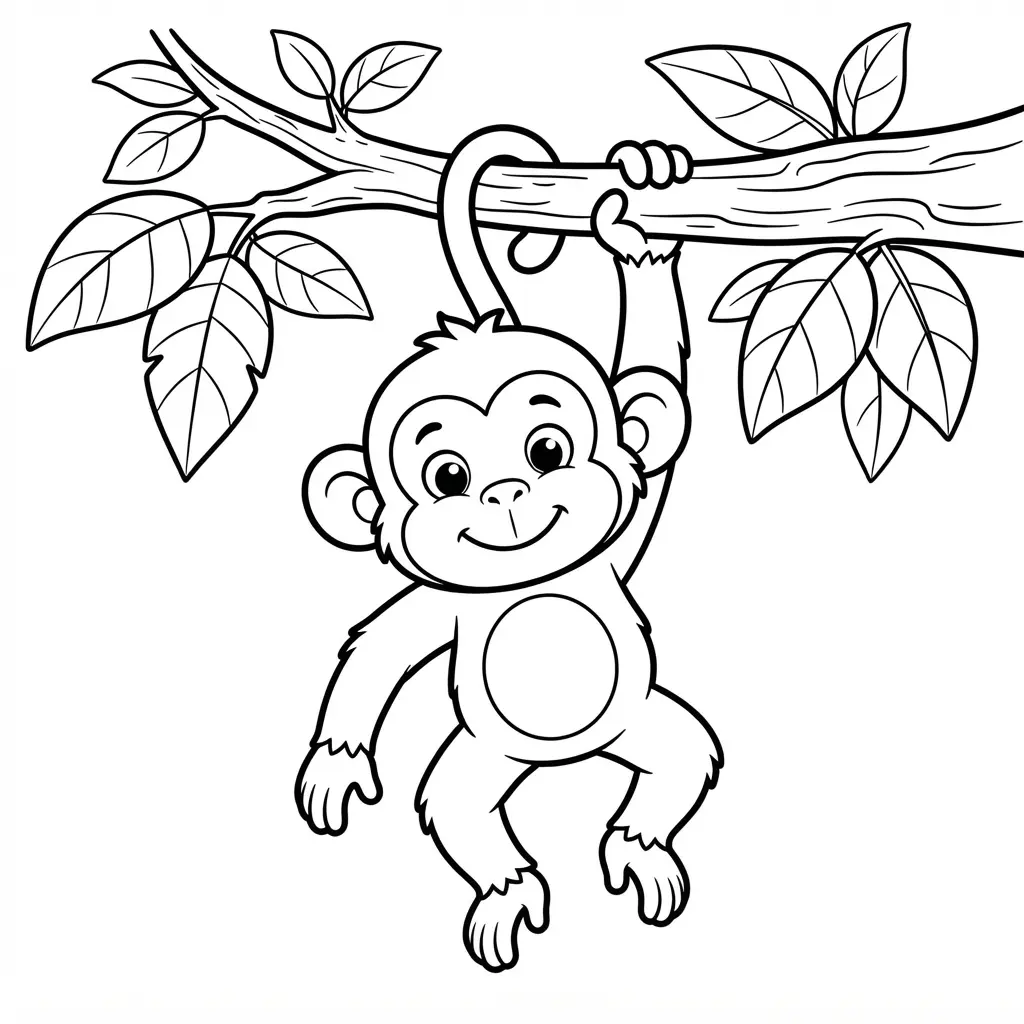 Animal coloring pages featuring a curious monkey hanging from a tree branch among broad jungle leaves.