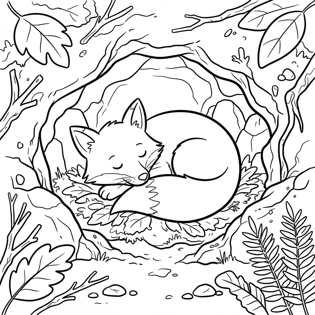 Animal coloring pages showing a sleeping fox curled inside a forest den with leaves and small stones.