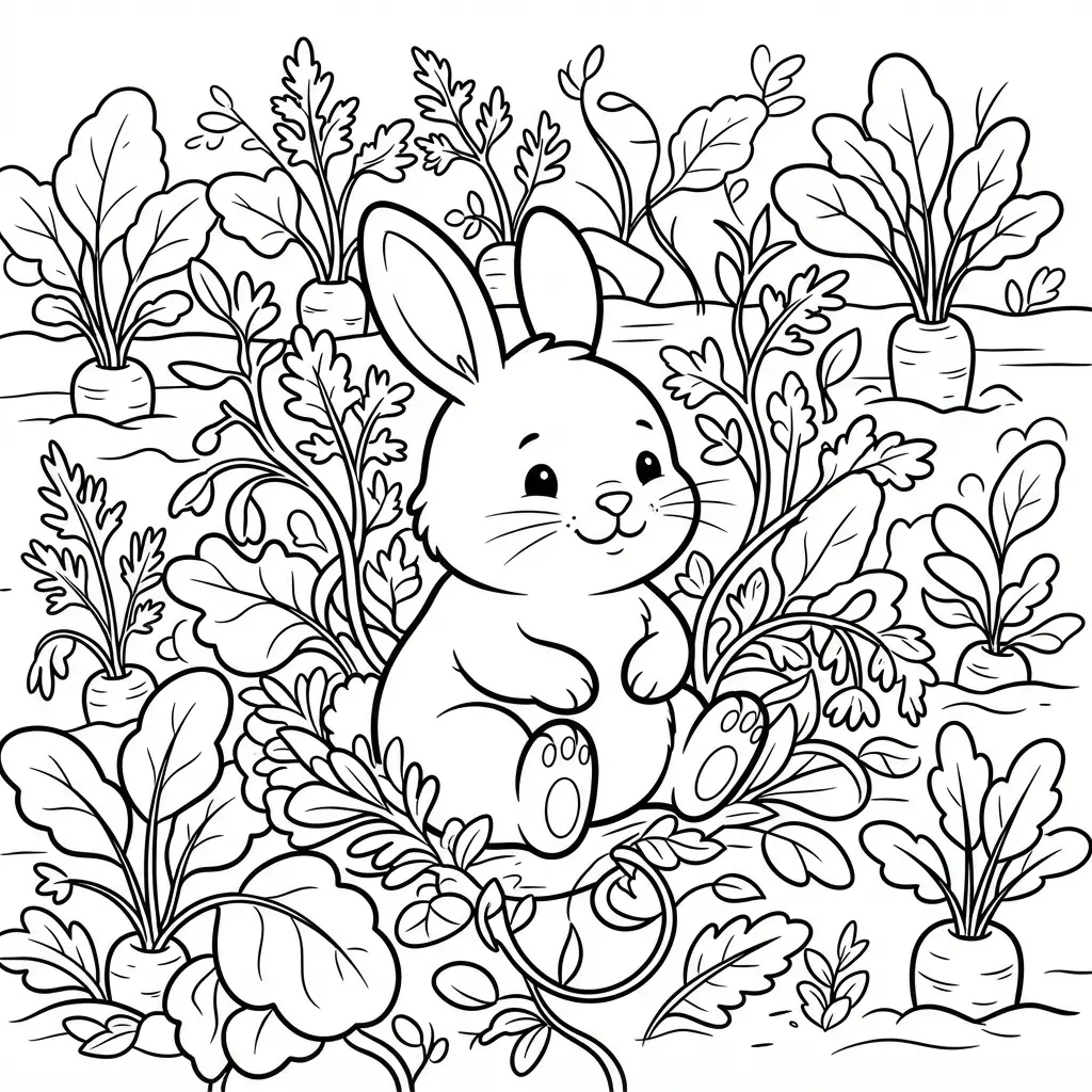 Animal coloring pages featuring a little bunny sitting among carrots, leaves, and garden soil lines.