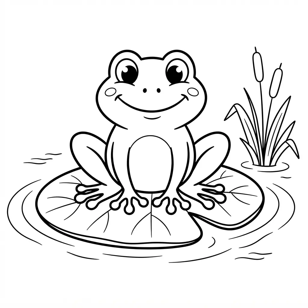 Animal coloring pages showing a friendly frog on a lily pad with pond ripples and reeds.