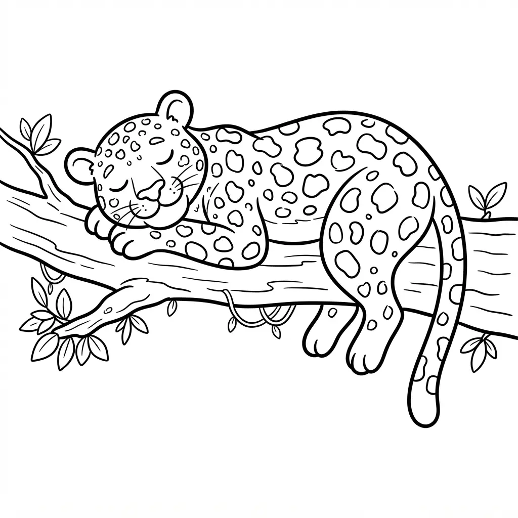 Animal coloring pages featuring a spotted leopard resting on a tree branch with bold, clear outlines.
