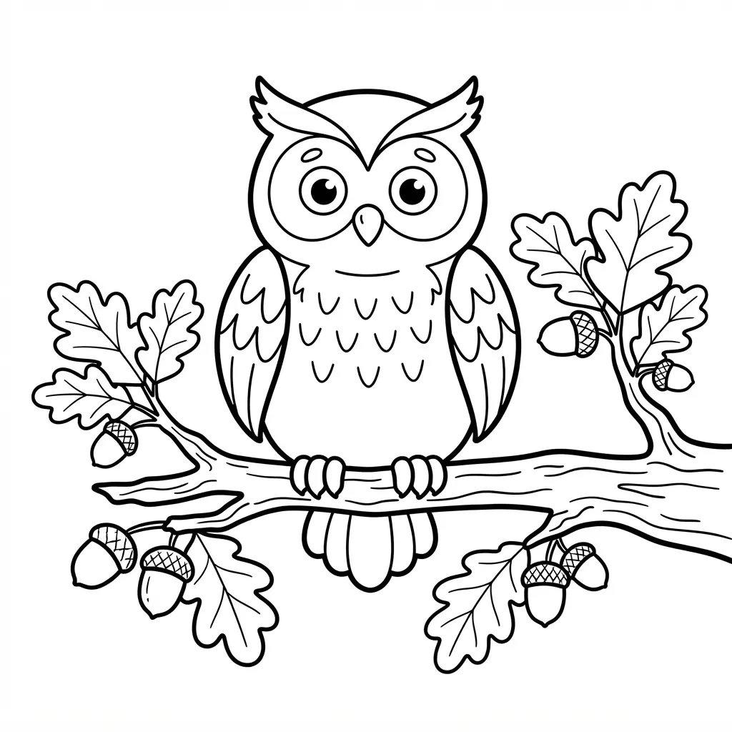 A wise owl sits on an oak tree branch beside acorns and broad leaves in clean black-and-white line art.