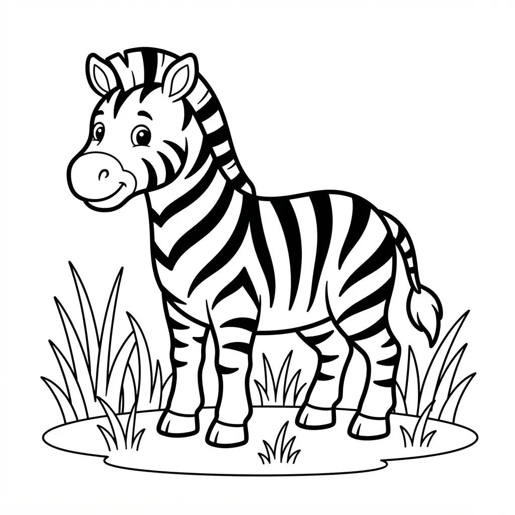 A striped zebra stands among tall grass on open plains, drawn with bold outlines and spacious coloring areas.
