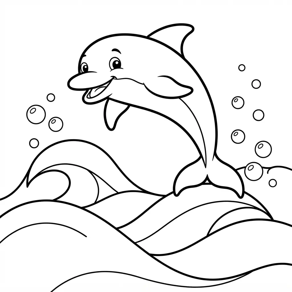 A happy dolphin leaps from ocean waves with bubbles and curved water lines in a clean printable drawing.