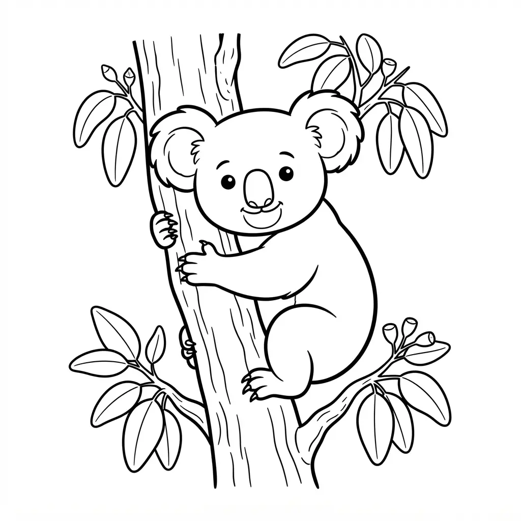 A cuddly koala climbs a eucalyptus tree beside rounded leaves in simple black-and-white line art.