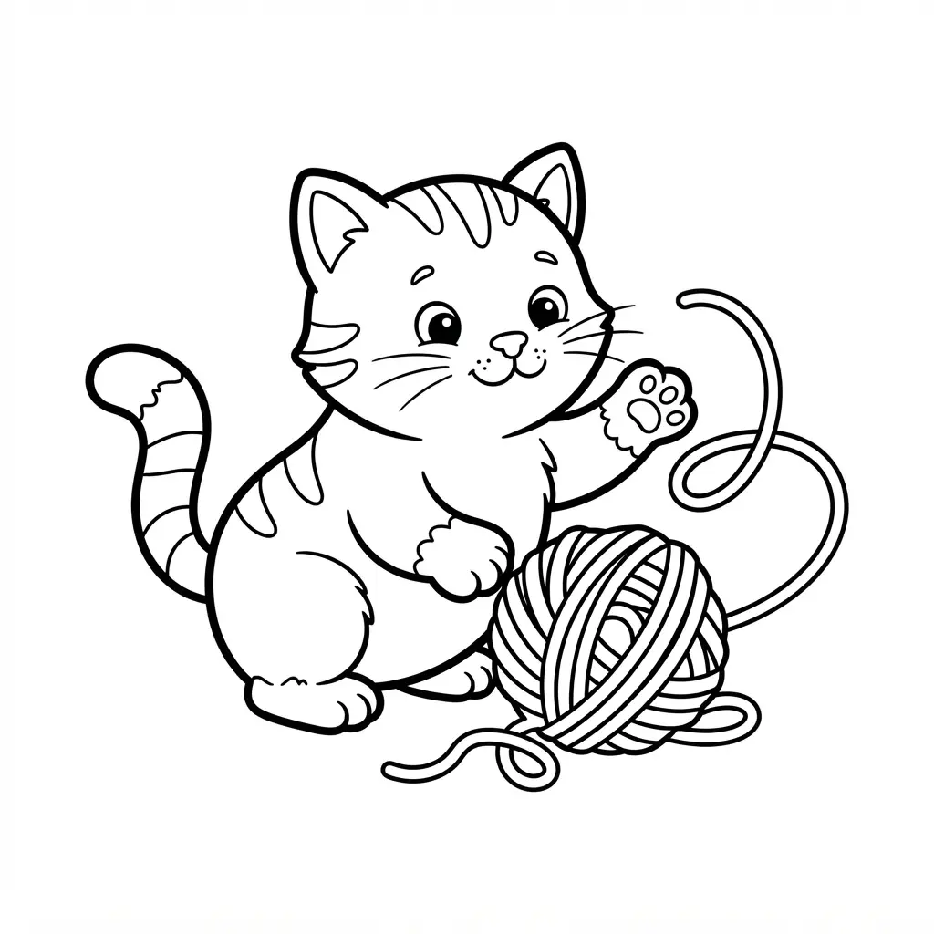 Animal coloring pages showing a playful kitten beside a ball of yarn in clear, spacious black-and-white outlines.