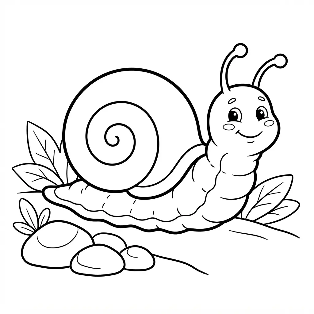 A slow snail with a spiral shell travels across garden leaves and small stones in a clear line drawing.