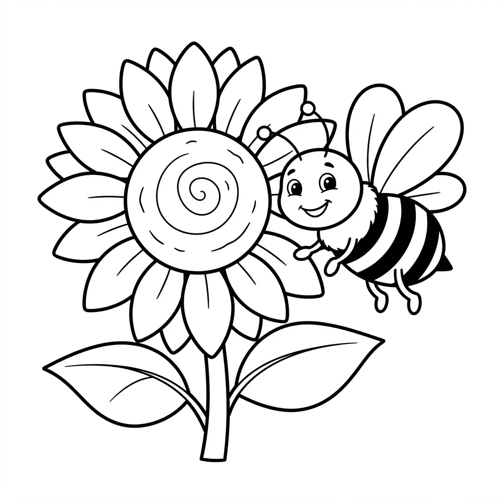 A busy bee hovers near a sunflower bloom with petals and leaves in spacious black-and-white outlines.