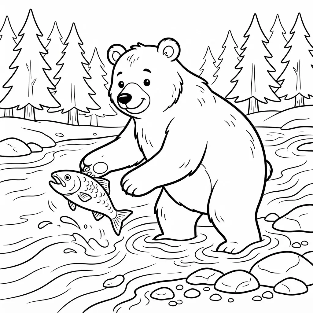 A brave bear stands in a shallow river beside salmon, rocks, pine trees, and flowing water lines.
