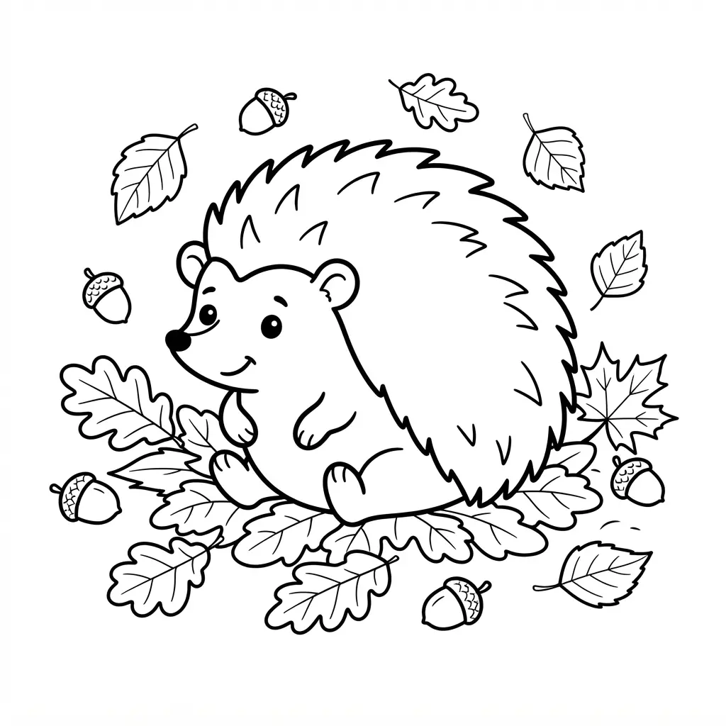 A tiny hedgehog sits among fallen autumn leaves, acorns, and simple woodland ground details.