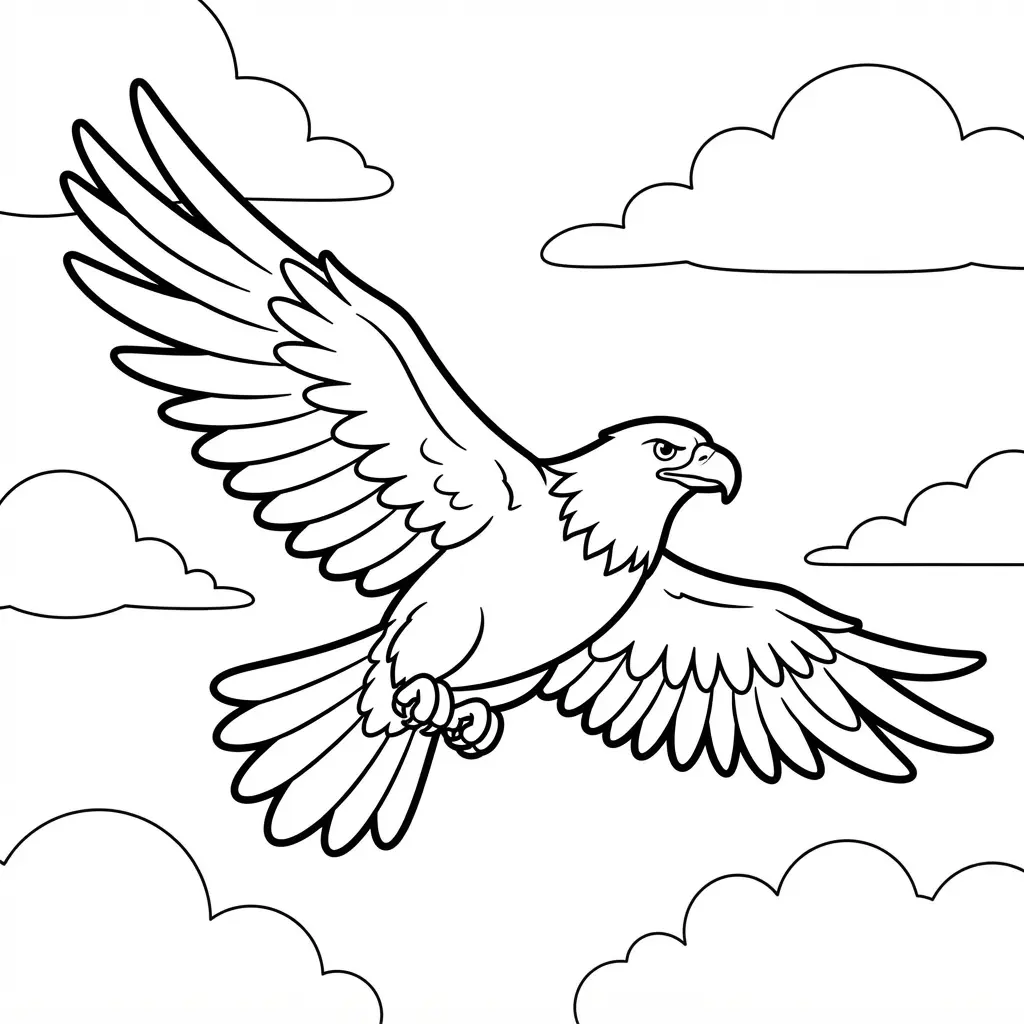 A majestic eagle soars through an open sky with spread wings and light cloud outlines.