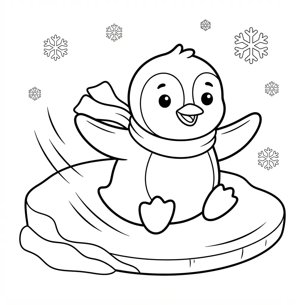 A friendly penguin slides across ice beside snowbanks and small snowflakes in clean line art.