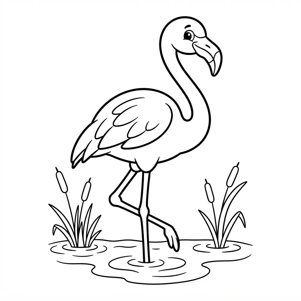 A graceful flamingo stands in shallow water with reeds and gentle ripples around its legs.