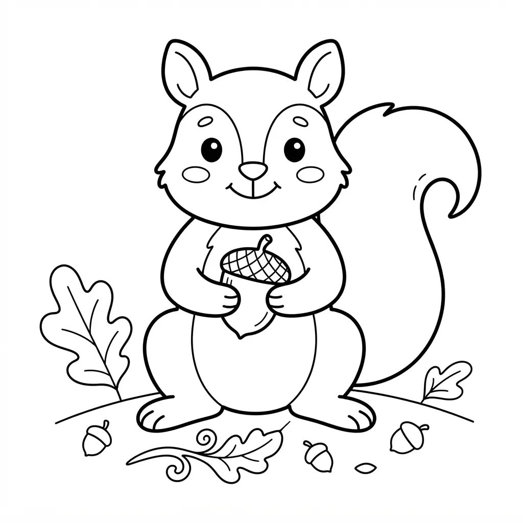 A small squirrel holds an acorn nut beside a tree root, leaves, and scattered forest seeds.