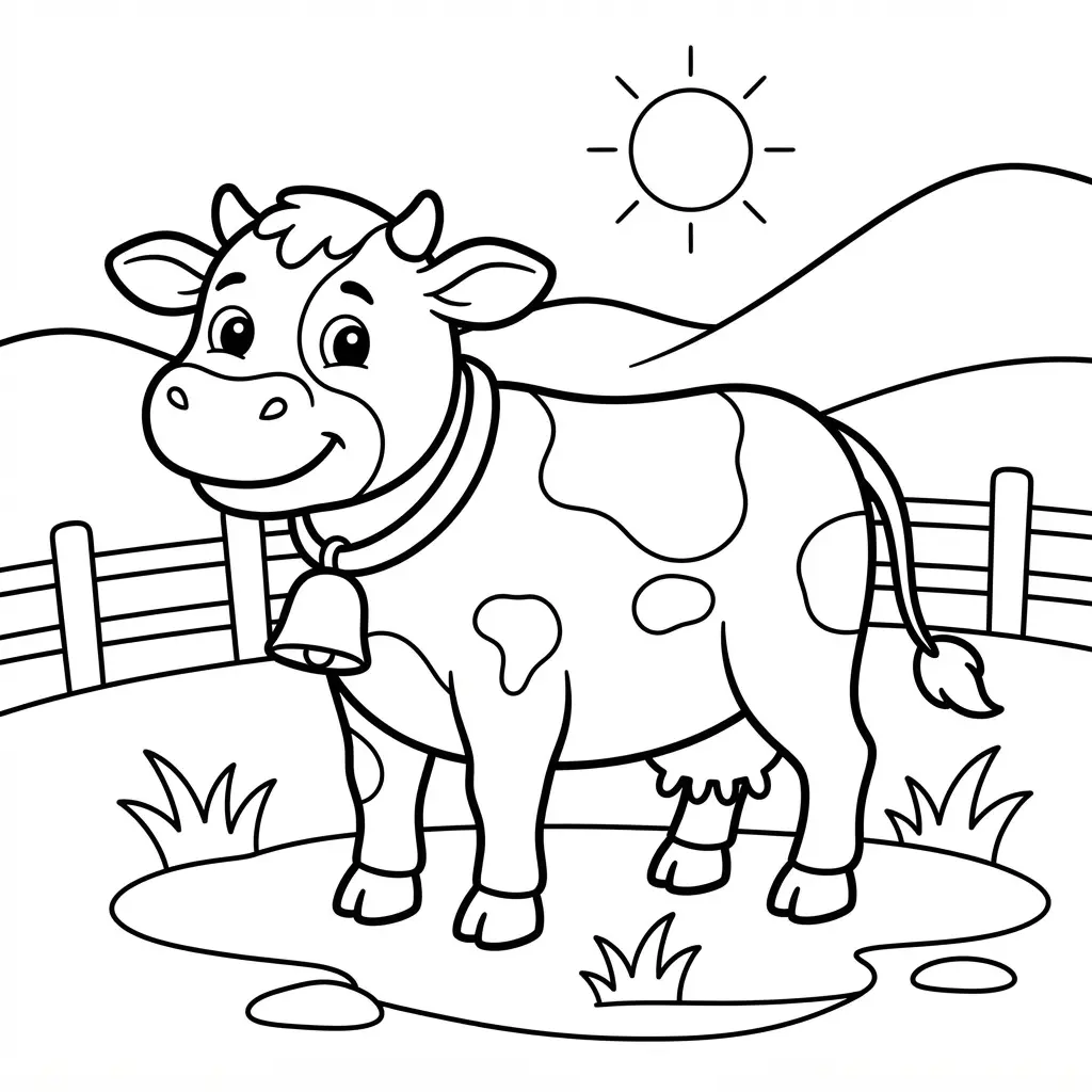 A friendly cow stands in a pasture with a fence, grass, and distant rolling hills.