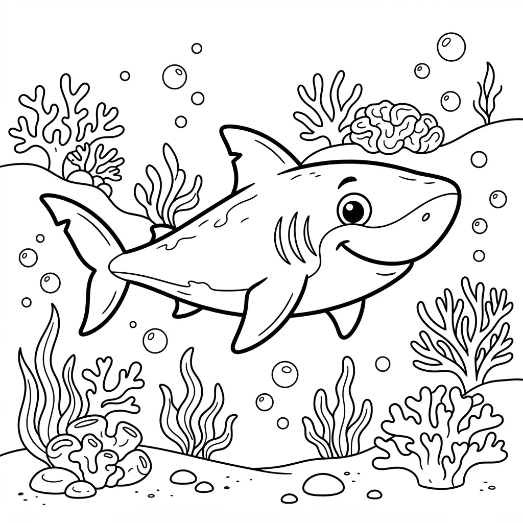 A curious shark swims near an ocean reef with coral, sea plants, bubbles, and open coloring spaces.