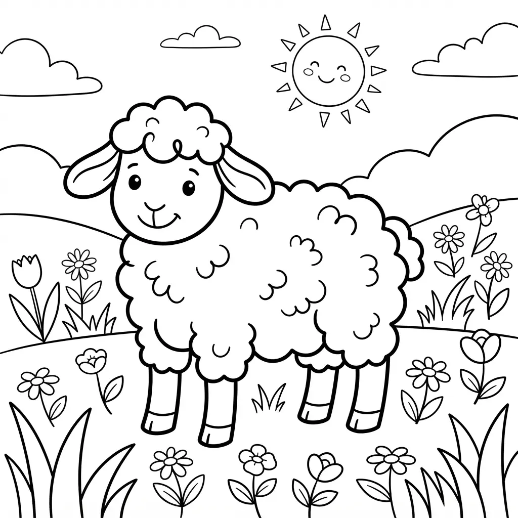 A soft lamb stands in a spring meadow with flowers, grass, and a simple sunny sky.