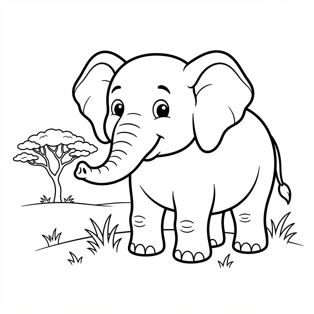 Animal coloring pages showing a large elephant standing in an African savannah with grass and distant trees.