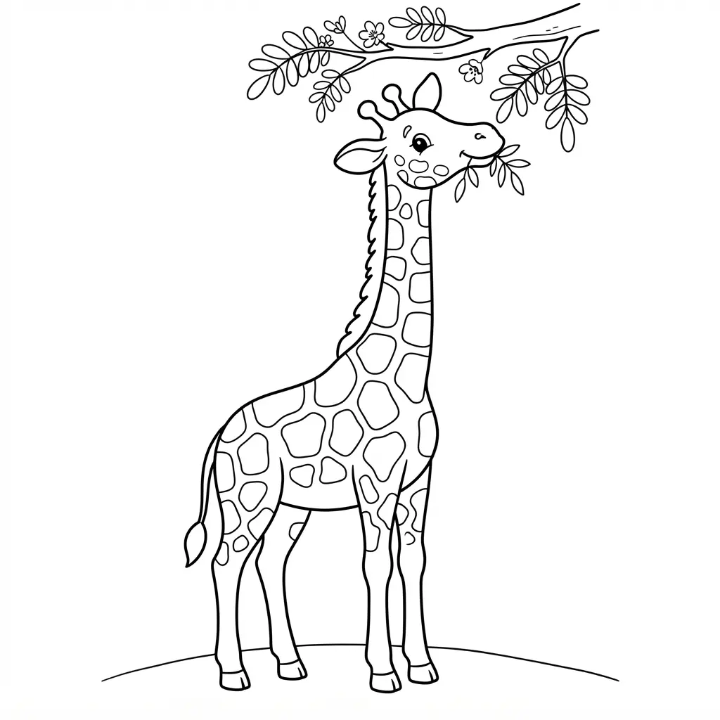 Animal coloring pages featuring a tall giraffe eating acacia leaves beneath a simple open sky.