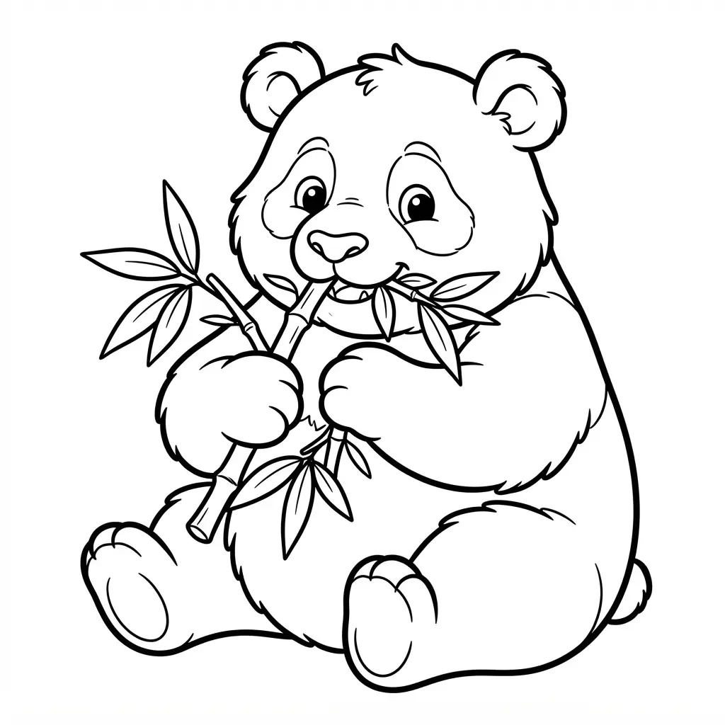 Animal coloring pages showing a fluffy panda munching bamboo shoots beside leafy forest plants.