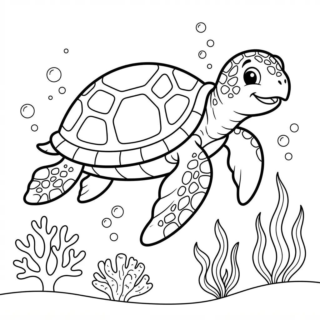 Animal coloring pages showing a sea turtle swimming past coral, bubbles, and simple underwater plants.