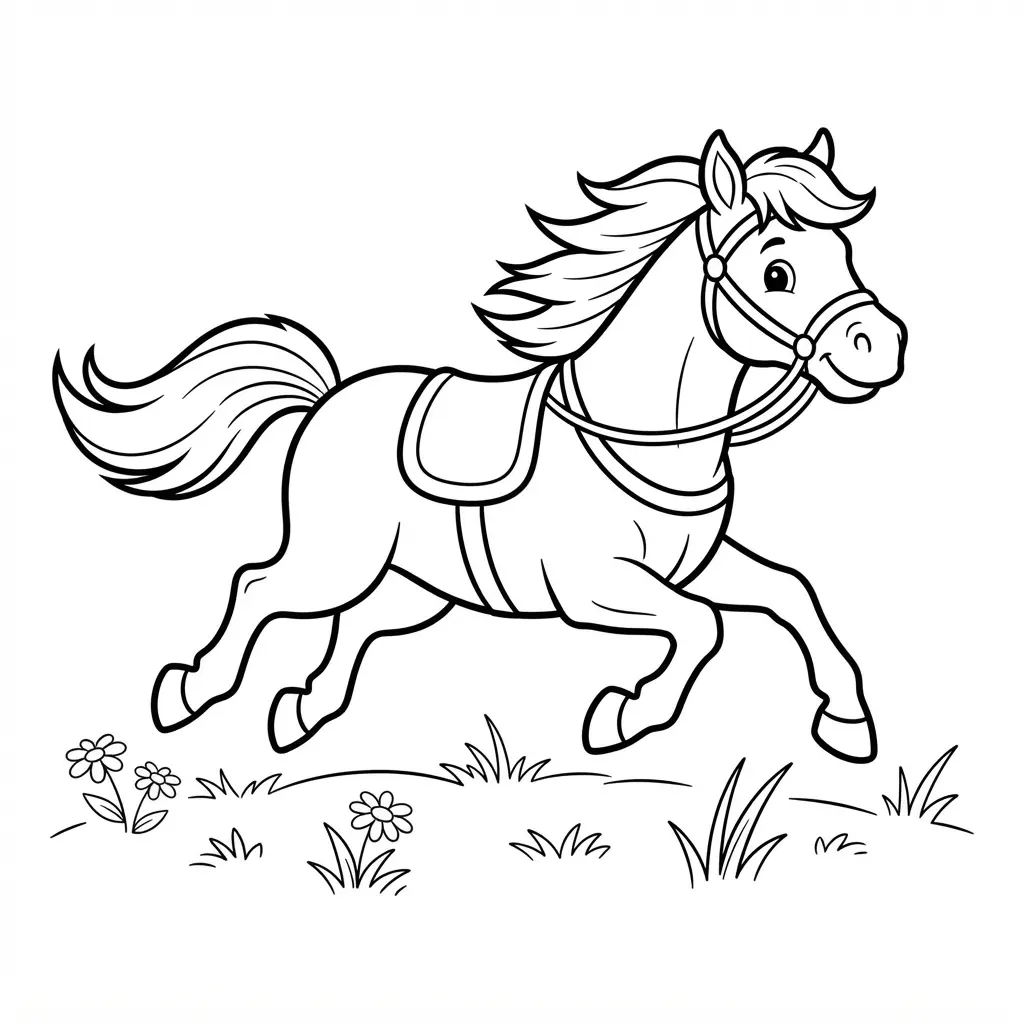 Animal coloring pages featuring a galloping horse crossing an open meadow with flowing grass lines.