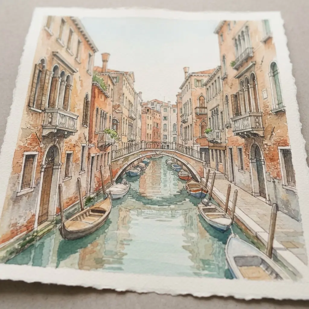 Watercolor Venetian canal with receding façades, arched bridges, and reflected light for architectural drawing and paintings for professional artists.