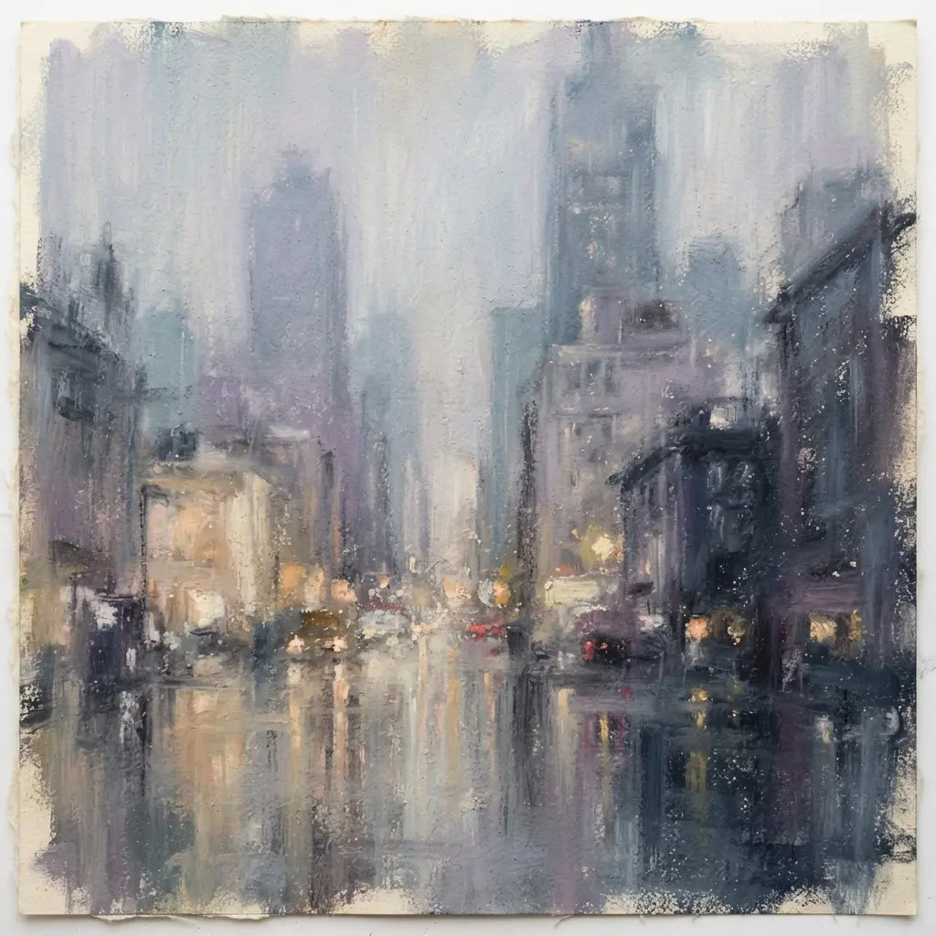 Pastel rainy city skyline with softened towers, wet streets, hazy lights, and muted color for architectural drawing and paintings for professional artists.