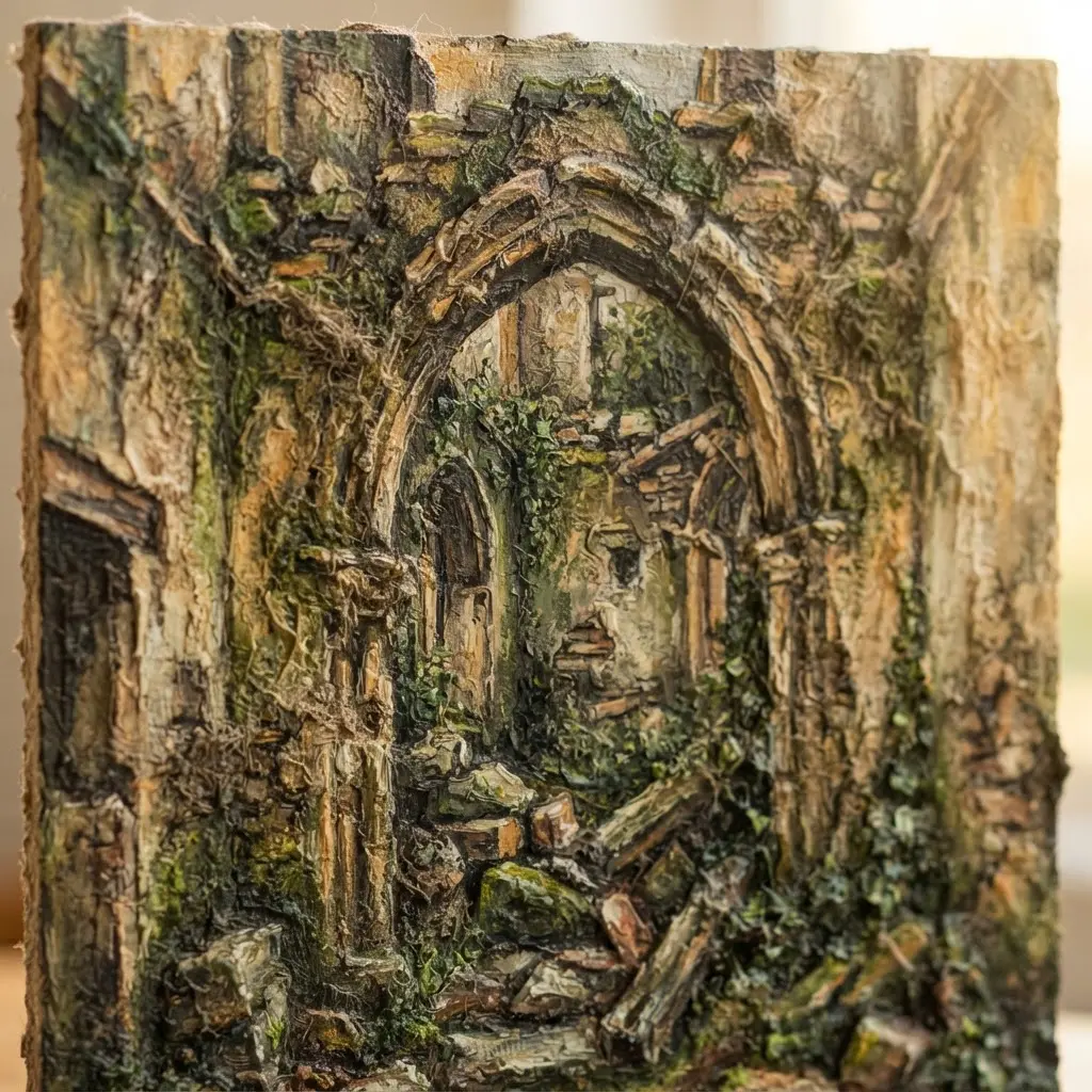 Mixed media ruined monastery archway with broken masonry, weathered plaster, weeds, and layered shadows for architectural drawing and paintings for professional artists.